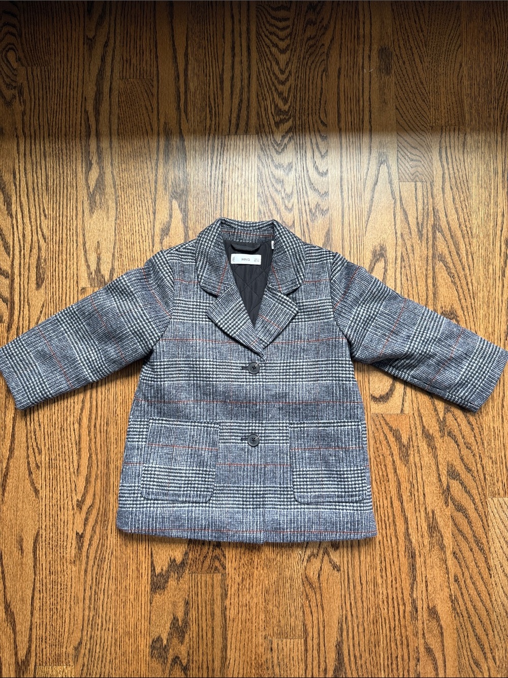 Mango Kids Gray Plaid Pea Coat with Red Windowpane